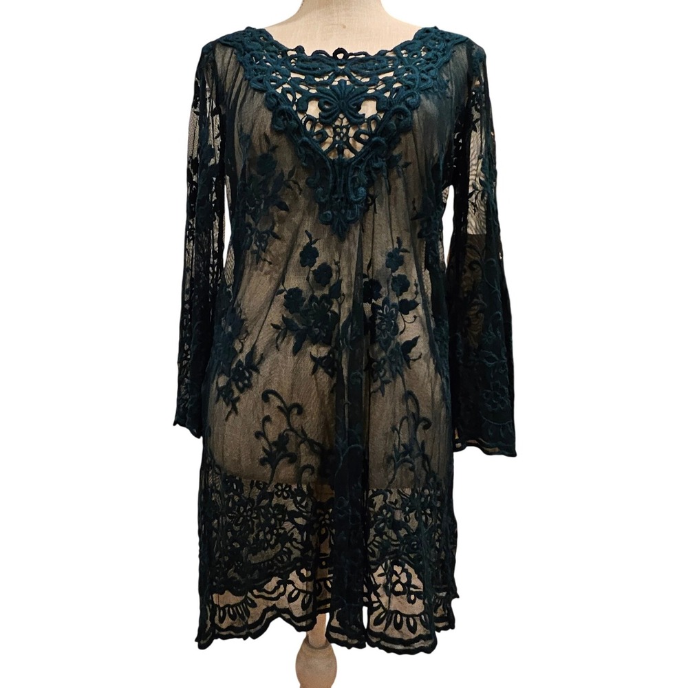 Lace Dress Fairycore Bell Sheer Floral Boho‎ Tunic Dark Green Fairy